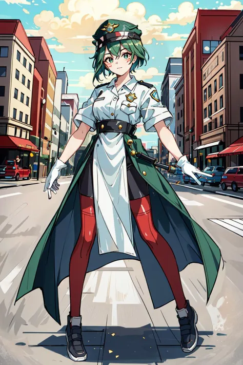 best quality, intricate details,

1girl, <lora:kirikoOverwatch_v20:0.8> tag:1girl,facial mark,fox, green hair,

 full body, police uniform, police hat, white shirt, gold badges, white gloves,

 <lora:adAmericana_v10:0.8> Ad Americana Style,  vintage painted advertisement, retro 1950's style,