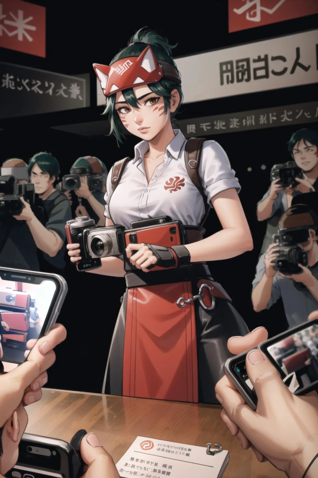 best quality, intricate details,
<lora:kirikoOverwatch_v20:0.8> tag:1girl,facial mark,fox,
<lora:inPublic_v10:0.8> public, photographer, foreground, phone screen, camera,