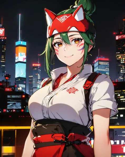 (masterpiece, best quality:1.1), <lora:kirikoOverwatch_v20:1>, upper body, solo, 1girl, facial mark, smile, closed mouth, looking at viewer, fox, midnight, evening, science fiction, cyberpunk, cityscape, city lights