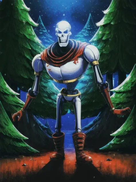 masterpiece,  (<lora:papyrus_undertale:1> papyrus),  watching viewer, on a snowy forest, action shot, very vivid lighting, detailed, (vibrant, sharp focus), <lora:add_detail:0.8>, <lora:hotarublurbk_v100:-1>