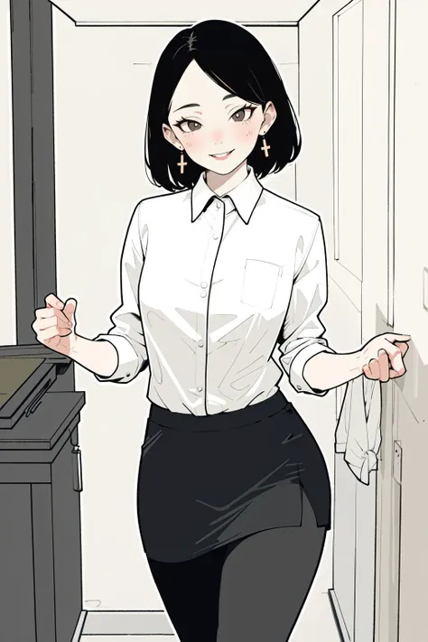 (flat color),colorful,(masterpiece:1,2),best quality,masterpiece,highres,original,extremely detailed wallpaper,looking at viewer,masterpiece,best quality,Office women,Work attire,Hip wrap skirt,White stockings,earring,smile,Shyness,estrus,Undressing,student,pants pull,