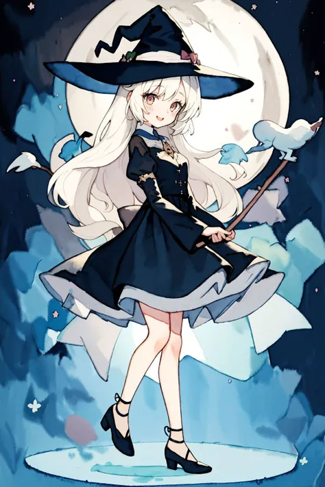 masterpiece, best quality,1 girl,(witch:1.2),chibi,cute,happy,active,fullbody,full moon,evening,magic,black cat,startlight,
(pastel color:1.5),(cute illustration:1.5),(watercolor:1.2),white back ground,