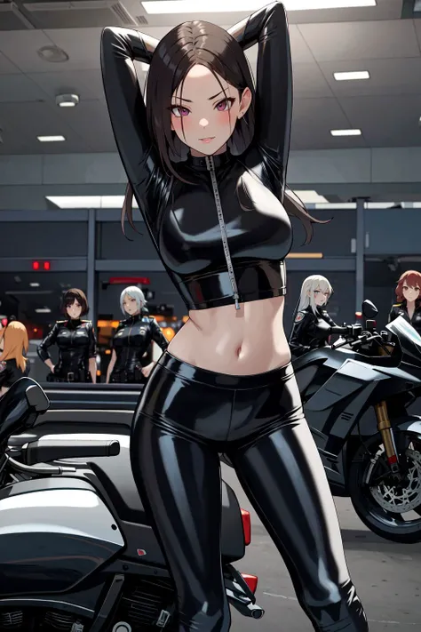 multiple girls, latex, 2girls, leather, bodysuit, shiny clothes, skin tight, arms up, midriff, black bodysuit, ground vehicle, police, motor vehicle, pants, leather pants, biker clothes