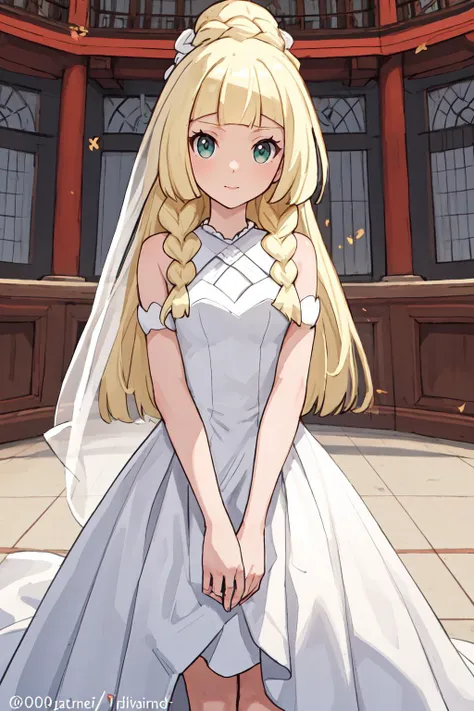(8k, RAW photo, best quality, masterpiece:1.2), 1girl,Lillie,wedding dress, <lora:Lillie:0.5>
