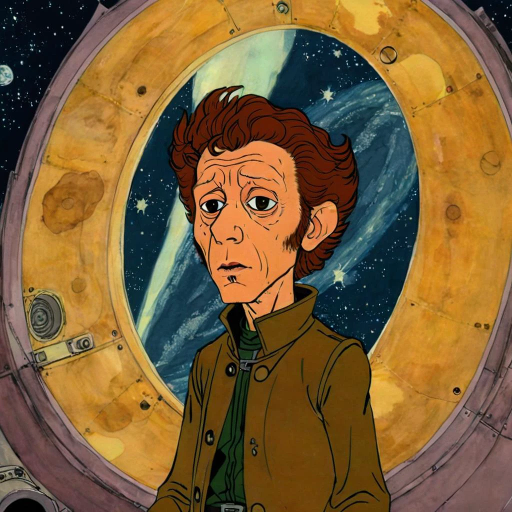 cartoon of Tom Waits, in a Space Opera (Sci-Fi) movie scene, detailed background, perfect composition, directed by Wes Anderson ( in rankinbasshobbit style:1.1)
<lora:add-detail-xl:0.65> <lora:rankinbasshobbit_styleXL_v.10.2-000002:1.15> <lora:xl_more_art-full_v1:0.65>