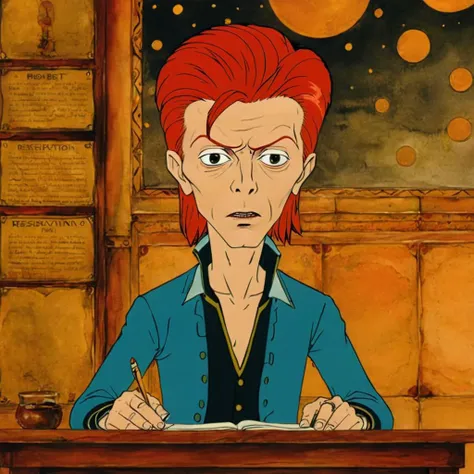 cartoon of  David Bowie, in a Teen Drama movie scene,  Making a reservation, detailed background, dynamic composition, rule of thirds, directed by Pedro Almodóvar (  in rankinbasshobbit style:1.1)
<lora:add-detail-xl:0.65>    <lora:rankinbasshobbit_styleXL_v.10.2-000002:0.95> <lora:xl_more_art-full_v1:0.65>