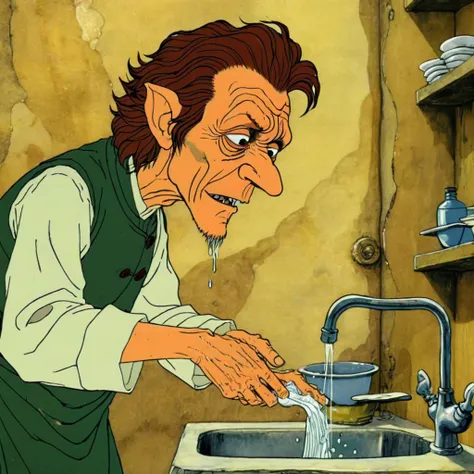 cartoon of  Willem Dafoe, in a Monster movie scene,  Washing dishes, detailed background, dynamic composition, rule of thirds, directed by David Lynch (  in rankinbasshobbit style:1.1)
<lora:add-detail-xl:0.65>    <lora:rankinbasshobbit_styleXL_v.10.2-000002:0.95> <lora:xl_more_art-full_v1:0.65>