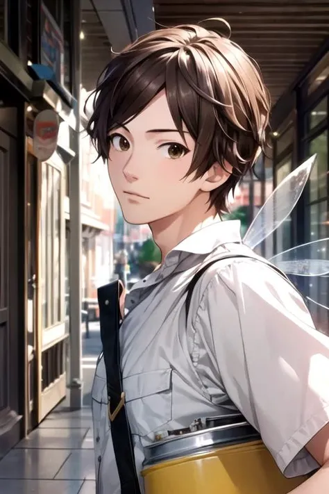 masterpiece, best quality, game cg, 1boy, solo, male focus, looking at viewer, upper body, depth of field, , , <lora:keiichi_katakura:0.72>, keiichi_katakura, brown hair, brown eyes, firefighter costume, Fairyland: A place where fairies and other magical creatures live,