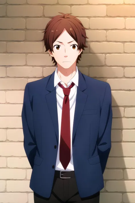masterpiece, best quality, portrait, keiichi_katakura, 1boy, cowboy shot, arms behind back, looking at viewer, standing, against wall, brick wall, brown hair, brown eyes, sad, depressed, school uniform, blue jacket, open jacket, white shirt, untucked shirt, red necktie, black pants,