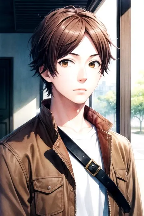 masterpiece, best quality, game cg, 1boy, solo, male focus, looking at viewer, upper body, , (watercolor illustration, soft pastel colors:1.1), realistic, <lora:keiichi_katakura:0.70>, keiichi_katakura, brown hair, brown eyes, convict costume, ,