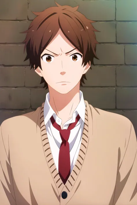 masterpiece, best quality, keiichi_katakura, 1boy, portrait, upper body, looking at viewer, against wall, brick wall, brown hair, brown eyes, angry, brown cardigan, white shirt, red necktie,