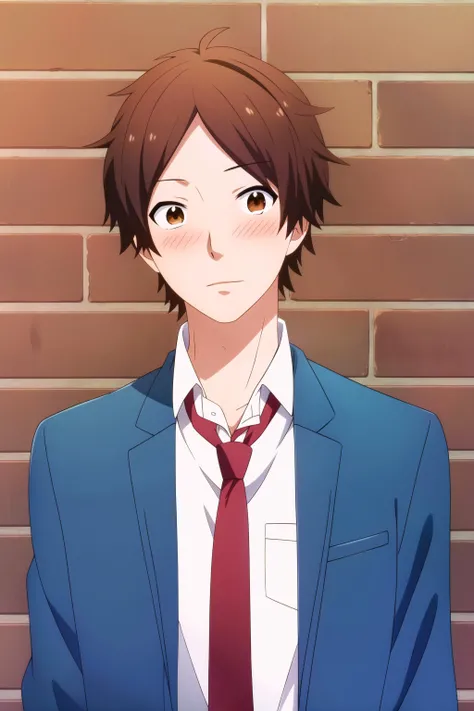 masterpiece, best quality, keiichi_katakura, 1boy, portrait, upper body, looking at viewer, against wall, brick wall, light blush, school uniform, blue jacket, white shirt, red necktie,