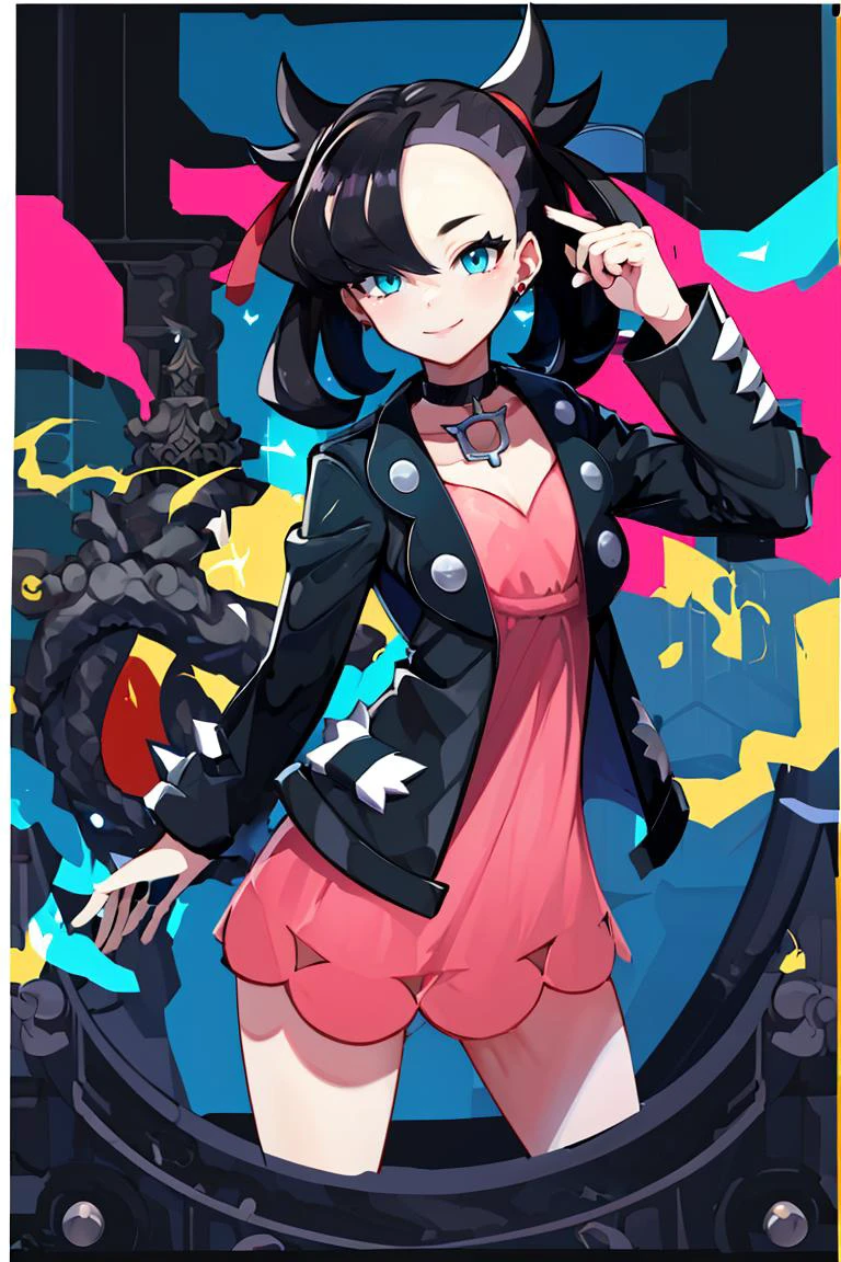 <lora:Harada_Takehito_Background_Dim32:0.6>,((masterpiece,best quality)), absurdres, <lora:Marnie_Pokemon_Dim32:0.8>, Marnie_Pokemon, aqua eyes, black choker, red ribbon, pink dress, jewelry, black jacket, open clothes, long sleeves, solo, smiling, looking at viewer, cowboy shot, cinematic composition, contrapposto,