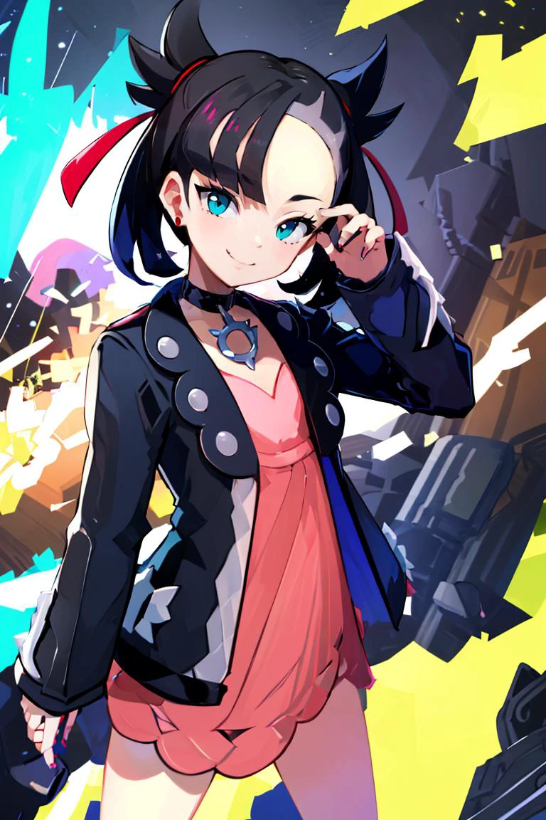 <lora:Harada_Takehito_Style_Dim32:0.6>,((masterpiece,best quality)), absurdres, <lora:Marnie_Pokemon_Dim32:0.8>, Marnie_Pokemon, aqua eyes, black choker, red ribbon, pink dress, jewelry, black jacket, open clothes, long sleeves, solo, smiling, looking at viewer, cowboy shot, cinematic composition, contrapposto,