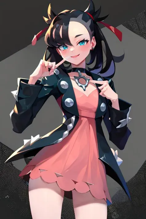 <lora:Iota:0.6>, , ((masterpiece,best quality)), absurdres, <lora:Marnie_Pokemon_Dim32:0.8>, Marnie_Pokemon, aqua eyes, black choker, red ribbon, jewelry, pink dress, black jacket, open clothes, long sleeves, solo, smiling, looking at viewer, cowboy shot, ,