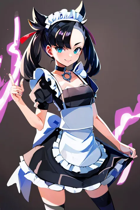 <lora:Harada_Takehito_Style_Dim32:0.6>,((masterpiece,best quality)), absurdres, <lora:Marnie_Pokemon_Dim32:0.8>, Marnie_Pokemon, aqua eyes, black choker, red ribbon, jewelry, maid outfit, maid headdress, black dress,apron, zettai ryouiki,  solo, smiling, looking at viewer, cowboy shot,  cinematic composition, contrapposto,