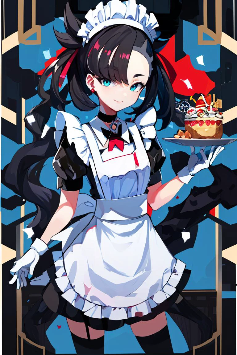 <lora:Harada_Takehito_Background_Dim32:0.6>,((masterpiece,best quality)), absurdres, <lora:Marnie_Pokemon_Dim32:0.8>, Marnie_Pokemon, aqua eyes, black choker, red ribbon, jewelry, maid outfit, maid headdress, black dress,apron, zettai ryouiki, solo, smiling, looking at viewer, cowboy shot, cinematic composition, contrapposto,