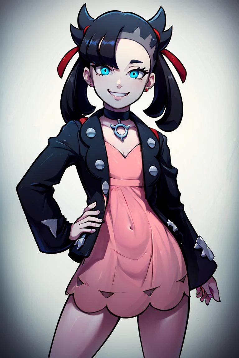 <lora:the_other_half_style:0.8>,((masterpiece,best quality)), absurdres, <lora:Marnie_Pokemon_Dim32:0.8>, Marnie_Pokemon, aqua eyes, black choker, red ribbon, pink dress, jewelry, black jacket, open clothes, long sleeves, solo, smiling, looking at viewer, cowboy shot, cinematic composition, contrapposto,