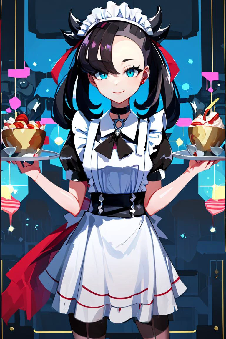 <lora:Harada_Takehito_Background_Dim32:0.6>,((masterpiece,best quality)), absurdres, <lora:Marnie_Pokemon_Dim32:0.8>, Marnie_Pokemon, aqua eyes, black choker, red ribbon, jewelry, maid outfit, maid headdress, black dress,apron, zettai ryouiki, solo, smiling, looking at viewer, cowboy shot, cinematic composition, contrapposto,