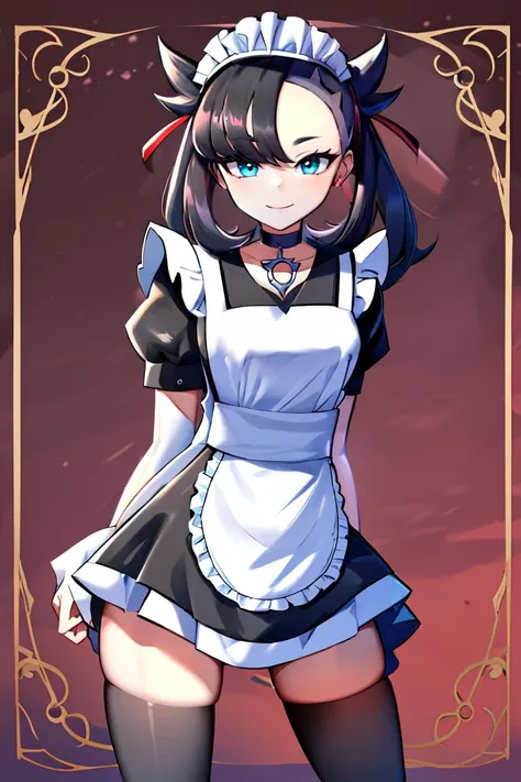 <lora:twistedscarlett60_style:0.8>,((masterpiece,best quality)), absurdres, <lora:Marnie_Pokemon_Dim32:0.8>, Marnie_Pokemon, aqua eyes, black choker, red ribbon, jewelry, maid outfit, maid headdress, black dress,apron, zettai ryouiki,  solo, smiling, looking at viewer, cowboy shot,  cinematic composition, contrapposto,