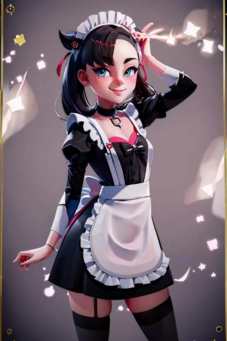 <lora:DannyMac_Style_Dim32:0.8>,((masterpiece,best quality)), <lora:Marnie_Pokemon_Dim32:0.8>, Marnie_Pokemon, aqua eyes, black choker, red ribbon, jewelry, maid outfit, maid headdress, black dress,apron, zettai ryouiki, solo, smiling, looking at viewer, cowboy shot, cinematic composition, contrapposto,