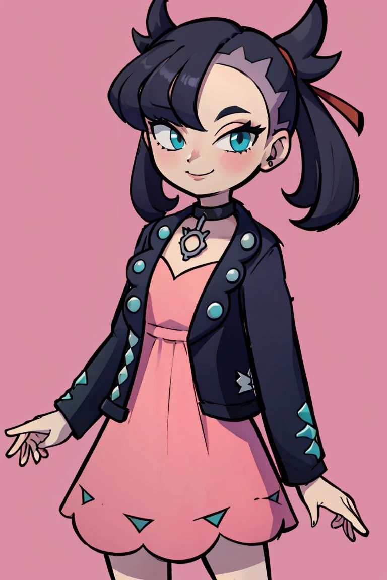 <lora:Style_of_the_Winds:0.8>, , ((masterpiece,best quality)), absurdres, <lora:Marnie_Pokemon_Dim32:0.8>, Marnie_Pokemon, aqua eyes, black choker, red ribbon, jewelry, pink dress, black jacket, open clothes, long sleeves, solo, smiling, looking at viewer, cowboy shot, ,
