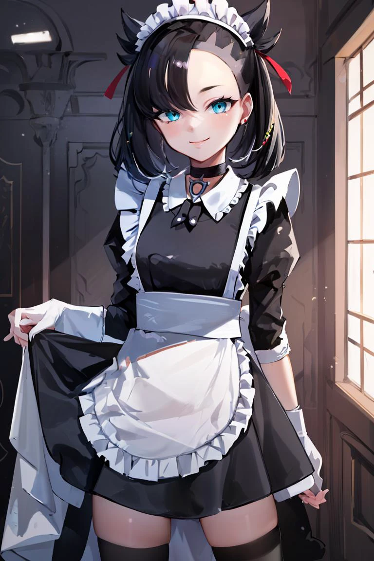 ((masterpiece,best quality)), absurdres, <lora:Marnie_Pokemon_Dim32:0.8>, Marnie_Pokemon, aqua eyes, black choker, red ribbon, jewelry, maid outfit, maid headdress, black dress,apron, zettai ryouiki, solo, smiling, looking at viewer, cowboy shot, cinematic composition, contrapposto,
