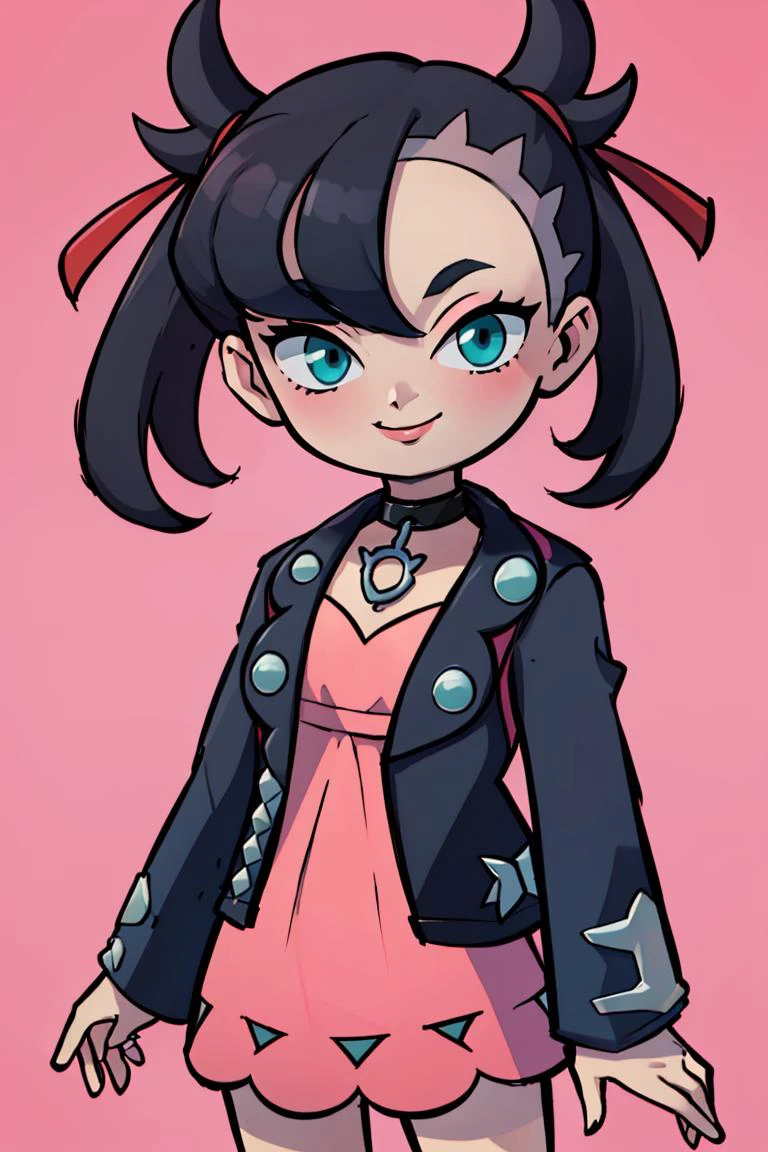 <lora:Style_of_the_Winds:0.8>, , ((masterpiece,best quality)), absurdres, <lora:Marnie_Pokemon_Dim32:0.8>, Marnie_Pokemon, aqua eyes, black choker, red ribbon, jewelry, pink dress, black jacket, open clothes, long sleeves, solo, smiling, looking at viewer, cowboy shot, ,