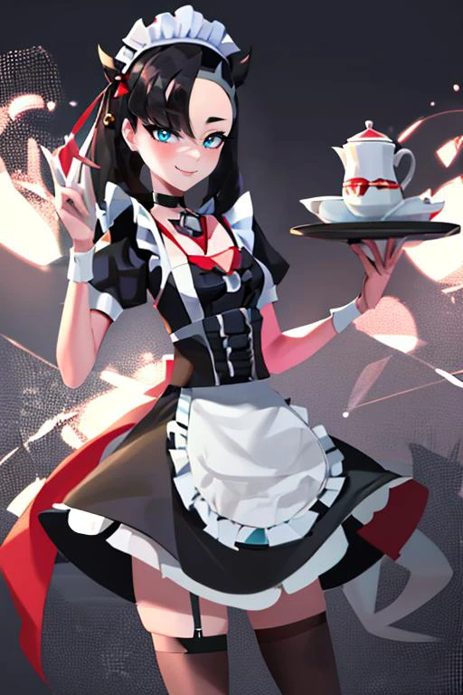 <lora:Iota:0.6>, , ((masterpiece,best quality)), absurdres, <lora:Marnie_Pokemon_Dim32:0.8>, Marnie_Pokemon, aqua eyes, black choker, red ribbon, jewelry, maid outfit, maid headdress, black dress,apron, zettai ryouiki, solo, smiling, looking at viewer, cowboy shot, ,