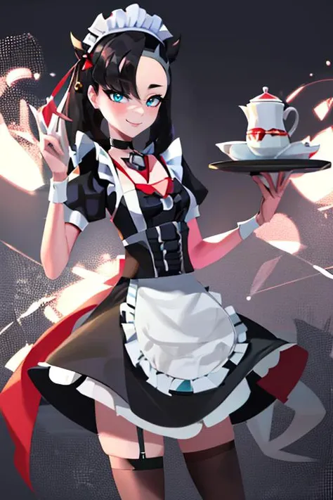 <lora:Iota:0.6>, , ((masterpiece,best quality)), absurdres, <lora:Marnie_Pokemon_Dim32:0.8>, Marnie_Pokemon, aqua eyes, black choker, red ribbon, jewelry, maid outfit, maid headdress, black dress,apron, zettai ryouiki,  solo, smiling, looking at viewer, cowboy shot,  ,