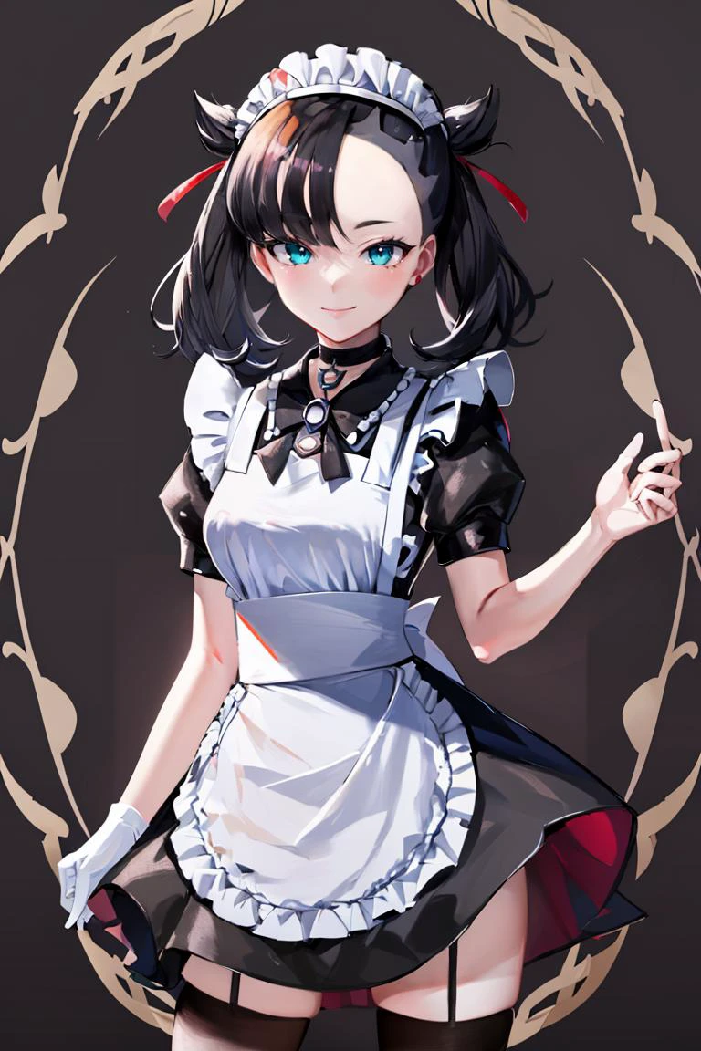 <lora:Toriyama_Akira_Style :0.8>,((masterpiece,best quality)), absurdres, <lora:Marnie_Pokemon_Dim32:0.8>, Marnie_Pokemon, aqua eyes, black choker, red ribbon, jewelry, maid outfit, maid headdress, black dress,apron, zettai ryouiki, solo, smiling, looking at viewer, cowboy shot, cinematic composition, contrapposto,