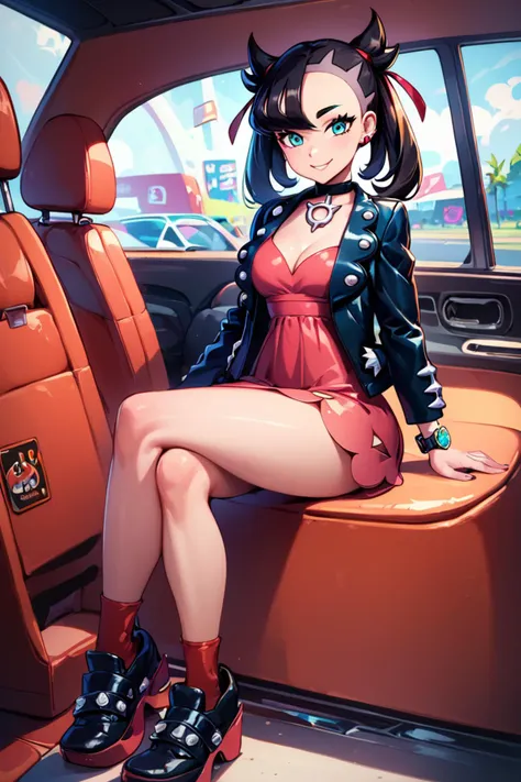 score_9, score_8_up, score_8, medium breasts, (curvy), cute, eyelashes,       zzMarnie, ground vehicle, black footwear, sitting, car interior, black choker, red dress, looking at viewer, black jacket, long sleeves, sports car, cleavage, wristwatch, red socks, shoes, blurry background, open jacket, closed mouth, platform footwear, full body, smile,   ,<lora:MarnieP3:0.8>,   <lora:Vivid:0.7>, <lora:princess_xl_v2:0.6>, embedding:zPDXL,