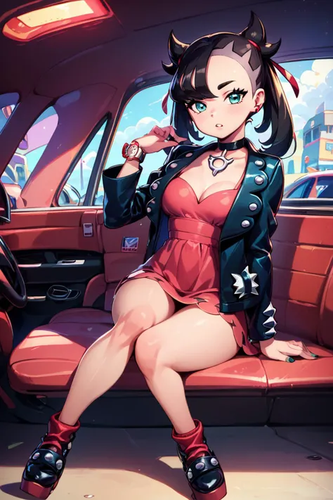 score_9, score_8_up, score_8, medium breasts, (curvy), cute, eyelashes, zzMarnie, ground vehicle, black footwear, sitting, car interior, black choker, red dress, looking at viewer, black jacket, long sleeves, sports car, cleavage, wristwatch, red socks, shoes, blurry background, open jacket, closed mouth, platform footwear, full body ,<lora:MarnieP3:0.8>, <lora:Vivid:0.7>, <lora:princess_xl_v2:0.6>, embedding:zPDXL,
