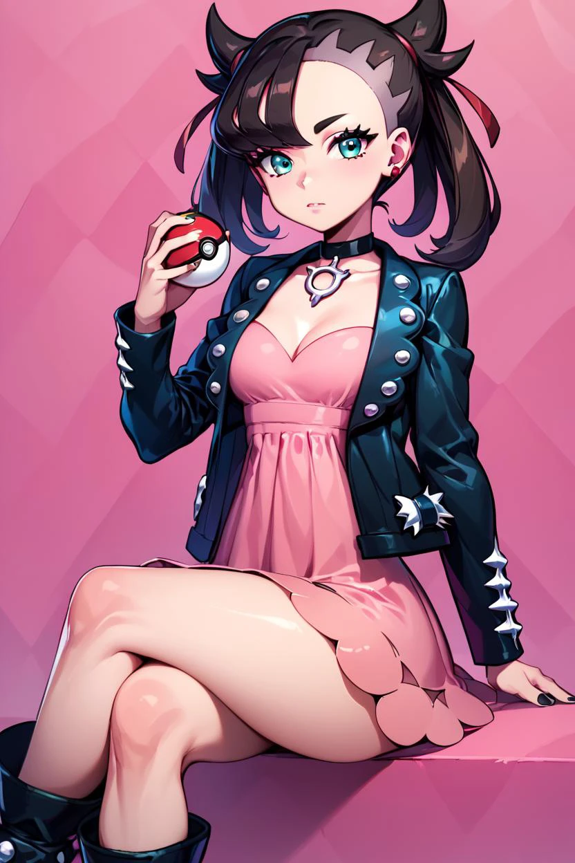score_9, score_8_up, score_8, medium breasts, (curvy), cute, eyelashes, zzMarnie, holding poke ball, black choker, pink dress, crossed legs, black jacket, boots, sitting, closed mouth, poke ball \(basic\), open jacket, looking at viewer, black footwear, long sleeves, black nails, nail polish, hand up, brown hair, collarbone, two-tone background ,<lora:MarnieP3:0.8>, <lora:Vivid:0.7>, <lora:princess_xl_v2:0.6>, embedding:zPDXL,