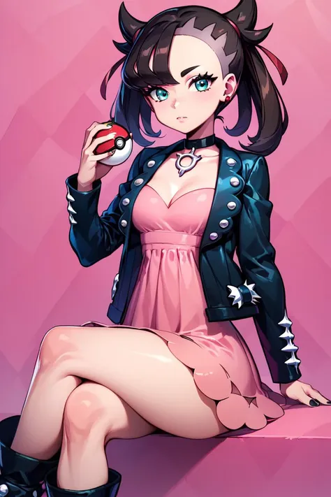 score_9, score_8_up, score_8, medium breasts, (curvy), cute, eyelashes,       zzMarnie, holding poke ball, black choker, pink dress, crossed legs, black jacket, boots, sitting, closed mouth, poke ball \(basic\), open jacket, looking at viewer, black footwear, long sleeves, black nails, nail polish, hand up, brown hair, collarbone, two-tone background  ,<lora:MarnieP3:0.8>,   <lora:Vivid:0.7>, <lora:princess_xl_v2:0.6>, embedding:zPDXL,