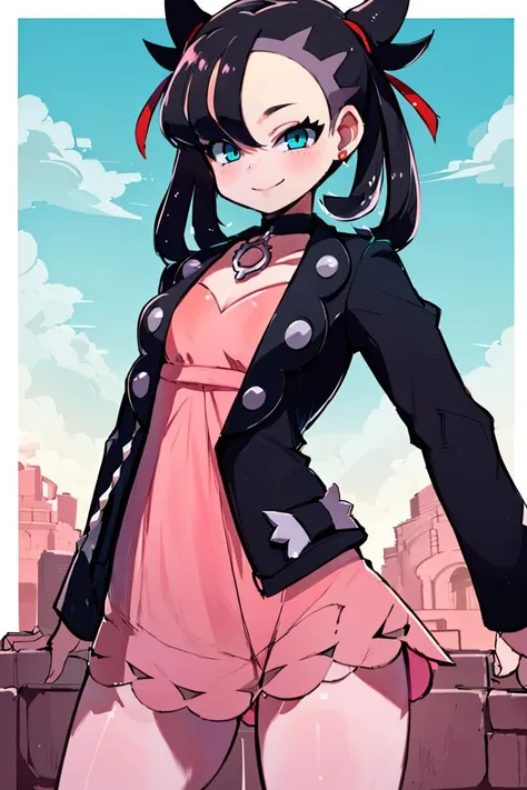 <lora:Zankuro_AnyLora_Dim32:0.8>,((masterpiece,best quality)), absurdres, <lora:Marnie_Pokemon_Dim32:0.8>, Marnie_Pokemon, aqua eyes, black choker, red ribbon, pink dress, jewelry, black jacket, open clothes, long sleeves, solo, smiling, looking at viewer, cowboy shot, cinematic composition, contrapposto,