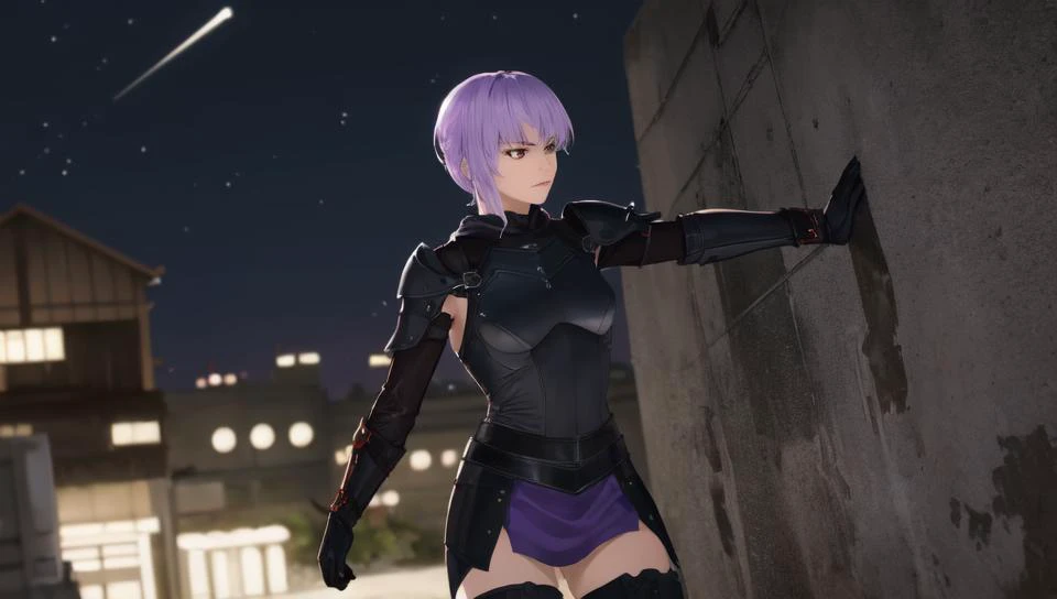 masterpiece, best quality, 4k, 1girl, (solo:1.1), adult, mature, (realistic anatomy), perfect face, perfect hands, perfect eyes, sfw, illustration,
urban area, night sky, outside, from front, dark, closeup, midnight,
serious, determined, furrowed brow, angry, small breasts, stealthy, hiding, sneaking, peaking around corner, against wall, looking away, arms out, balancing, walking,
<lora:doa_ayane-v2_by_stubatme:0.75>, ayane, red irises, ninja outfit, tactical gear, dark leather armor, leather breastplate, hood down, bracers, thigh boots, leg armor, greaves, purple skirt
