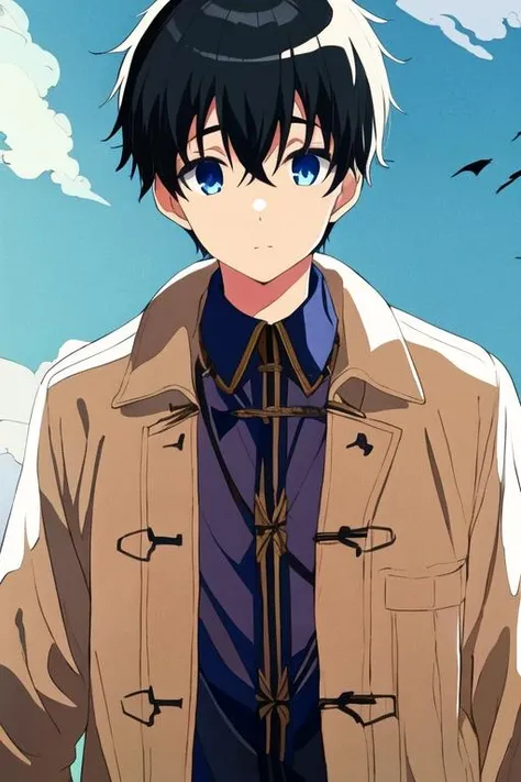 masterpiece, best quality, high quality, 1boy, solo, male focus, looking at viewer, upper body, <lora:youta_narukami:0.54>, youta_narukami, blue eyes, black hair, hair between eyes, , coat