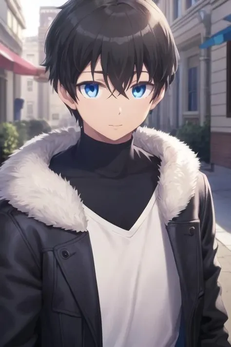 masterpiece, best quality, high quality, 1boy, solo, male focus, looking at viewer, upper body, <lora:youta_narukami:0.72>, youta_narukami, blue eyes, black hair, hair between eyes, realistic, coat