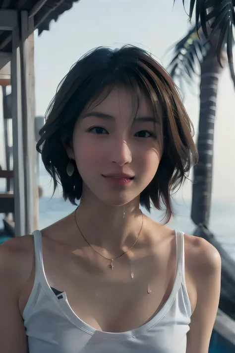 <lora:ryoko_hirosue:0.85>,1girl, japanese, photorealistic, beautiful and detailed face, looking at viewer, simple background, solo, ocean, bikini, small breasts, tank top. sunny, summer vacation, beach, (short hair, wet), smile, cinematic lighting, movie, japanese drama, (necklace), earrings