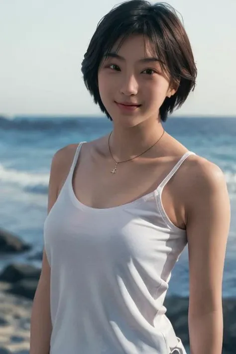 <lora:ryoko_hirosue:0.85>,1girl, japanese, photorealistic, beautiful and detailed face, looking at viewer, simple background, solo, ocean, bikini, small breasts, tank top. sunny, noon, summer vacation, beach, (short hair), smile, cinematic lighting, movie, japanese drama, (necklace), earrings