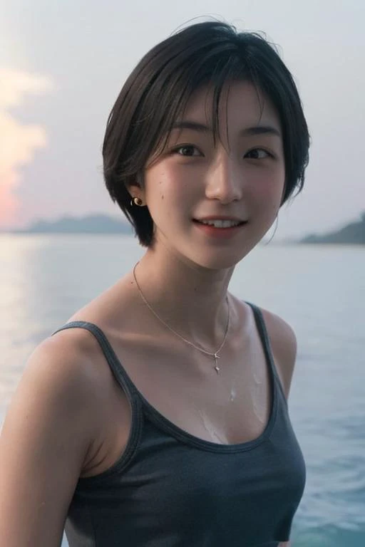 <lora:ryoko_hirosue:0.85>,1girl, japanese, photorealistic, beautiful and detailed face, looking at viewer, simple background, solo, ocean, bikini, small breasts, tank top. sunny, summer vacation, beach, (short hair, wet), smile, cinematic lighting, , japanese drama, (necklace), earrings