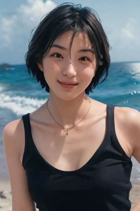 <lora:ryoko_hirosue:0.85>,1girl, japanese, photorealistic, beautiful and detailed face, looking at viewer, simple background, solo, ocean, bikini, small breasts, tank top. sunny, noon, summer vacation, beach, (short hair), smile, cinematic lighting, movie, japanese drama, (necklace), earrings