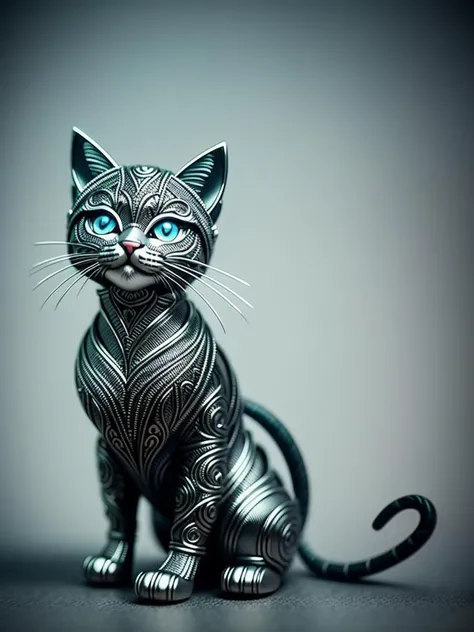 a cute kitten made out of metal in style of (slotgames:0.7), (cyborg:1.1), ([tail | detailed wire]:1.3), (intricate details), hdr, (intricate details, hyperdetailed:1.2), cinematic shot, vignette, centered
