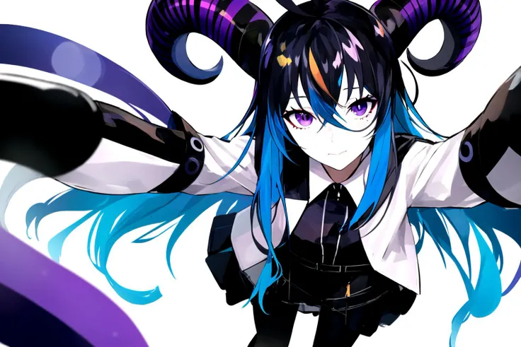 1girl, solo, long hair, looking at viewer, simple background, shirt, black hair, gloves, long sleeves, hair between eyes, closed mouth, blue hair, standing, purple eyes, jacket, full body, white shirt, ahoge, pantyhose, horns, black gloves, brown jacket, masterpiece, best quality, soft lighting, insaneres, absurdres, extremely detailed, <lora:tac000_loha:0.7> tac000_style, shaped_highlights
