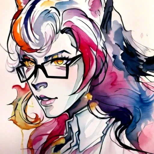 masterpiece, 1girl, wolf ears, animal ear fluff, tail, dark skin, orange hair, yellow eyes, glasses, office lady, <lora:inkpun:1.1> inkpun, paint splatter, splatter,dripping, colorful, watercolor (medium) DarkSkin_Style <lora:yae miko_Mediumpruned:1>