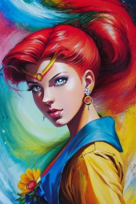 Anime style, art by artgerm, sailor moon style, manga, (masterpiece, best quality, ultra-detailed, highres), perfect face, sidelighting, lustrous skin,(bloom), (shine), lighting, ray tracing, sci-fi, city, outdoor,1girl, solo, jewelry, earrings, blue eyes, looking at viewer, bangs, red hair, ponytail, pants, long hair, pink hair, long sleeves, jacket, depth_of_field,very detailed background, highly detailed background, Masterpiece, Ultra detailed, great composition,Dynamic angle,[Bottle bottom],(wide shot), extremely delicate and beautiful,(Highest picture quality), (Master's work) <lora:gargantuaInkpunLORA_inkpunv1:1>