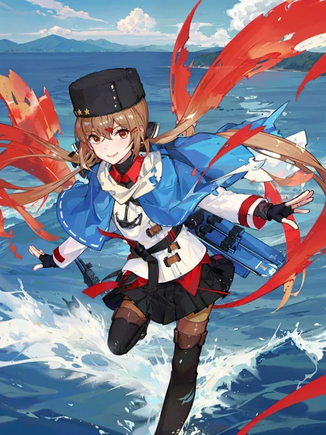 tashkent \(kancolle\), 1girl, solo, skirt, gloves, hat, twintails, fur hat, papakha, fingerless gloves, black skirt, jacket, pantyhose, boots, white jacket, thigh boots, red shirt, black gloves, shawl, black headwear, blue shawl, torn scarf, scarf, thighhighs, anchor necklace, black bow, shirt, untucked shirt, ribbon trim, black footwear, white scarf, necklace, bow, turret, pleated skirt, looking at viewer, jewelry, smile, star \(symbol\), anchor, mountain, ocean, cowboy shot, long sleeves, belt, hairclip, black belt, original, intricate detail, illustration, masterpiece, extremely detailed CG unity 8k wallpaper, highlight, sharpening, dynamic,