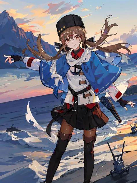 tashkent \(kancolle\), 1girl, solo, skirt, gloves, hat, twintails, fur hat, papakha, fingerless gloves, black skirt, jacket, pantyhose, boots, white jacket, thigh boots, red shirt, black gloves, shawl, black headwear, blue shawl, torn scarf, scarf, thighhighs, anchor necklace, black bow, shirt, untucked shirt, ribbon trim, black footwear, white scarf, necklace, bow, turret, pleated skirt, looking at viewer, jewelry, smile, star \(symbol\), anchor, mountain, ocean, cowboy shot, long sleeves, belt, hairclip, black belt, original, intricate detail, illustration, masterpiece, extremely detailed CG unity 8k wallpaper, highlight, sharpening, dynamic,
