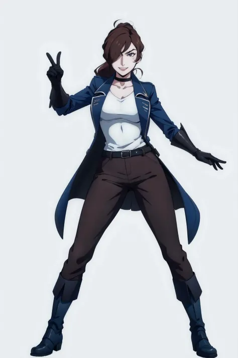 julia belmont,1girl,solo, white background, full body, black boots, black gloves,brown pants, (black multiple belts:1.1), white shirt, blue long coat, black choker, short hair, short ponytail, brown hair, purple eyes,standing, peace sign, arm at side,hair over one eye, smile, (best quality, masterpiece) <lora:julia_belmont_v1:1>